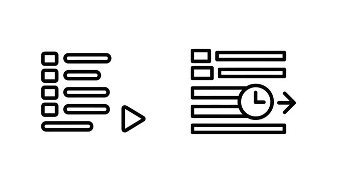 Playlist queue and scheduled media playback icons set. outline vector symbols for music,, or content organization