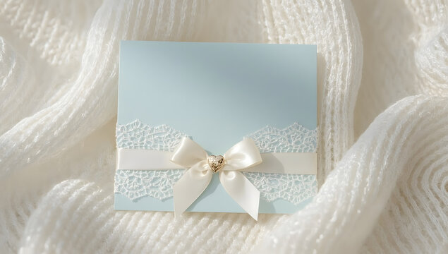 Blue card with white lace and a ribbon bow on a cozy knit blanket. Elegant wedding invitation.