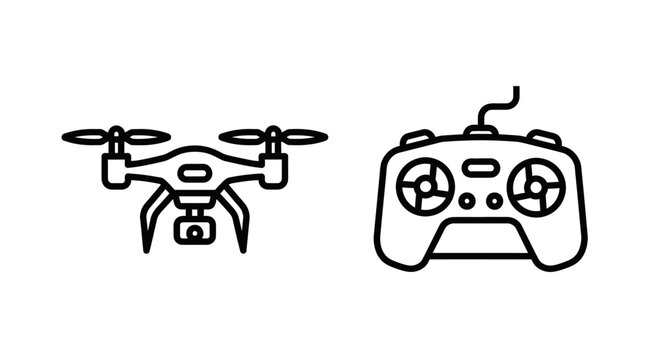 Black outline vector icons depicting a modern camera drone and its remote controller, representing aerial photography, smart technology, and unmanned flight systems