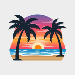 Obraz premium Tropical beach sunset with palm trees and vibrant sky over the ocean