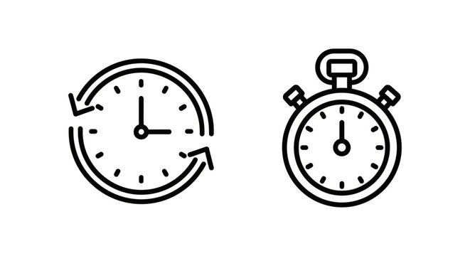 Linear outline icons of a clock with circular arrows representing playlist duration and a professional stopwatch representing total time, isolated on white background for user interface design