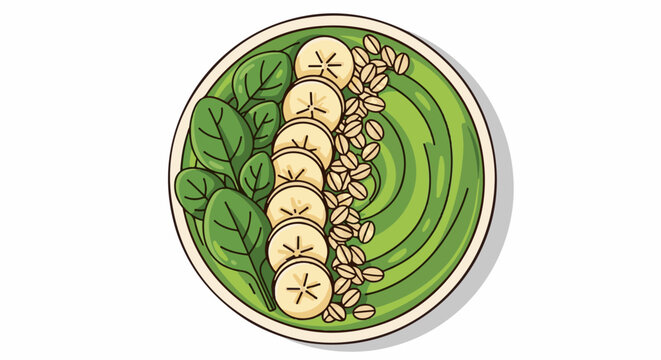 Healthy green smoothie bowl with banana slices and oats