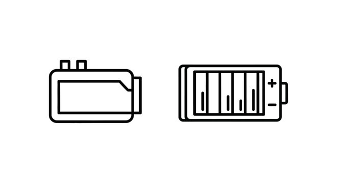 Line icons for drone battery and external battery pack on white background showcasing portable power sources and energy modules for consumer electronics and professional flight equipment parts