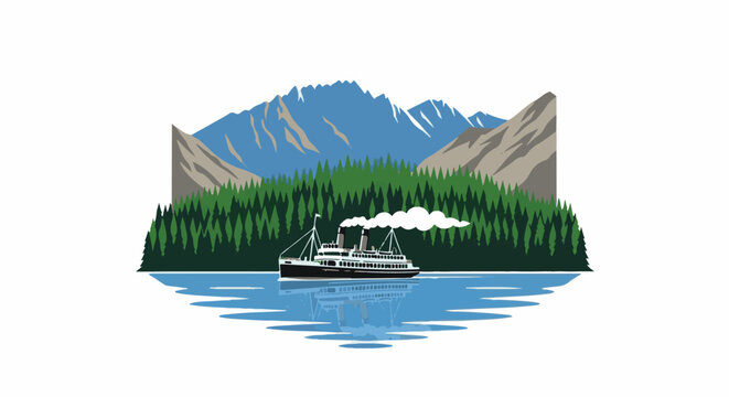 Scenic mountain landscape with a paddle steamer on calm water