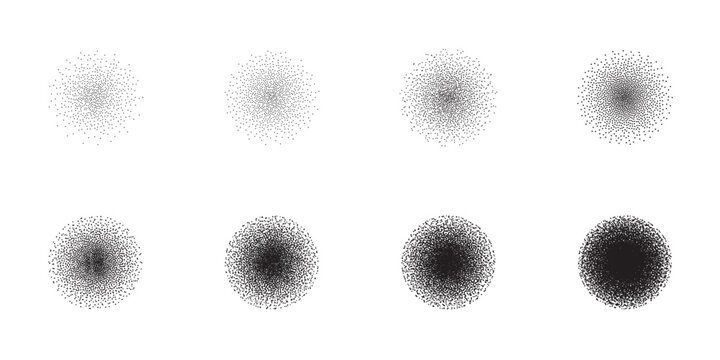 Abstract stipple gradient circles set with different density levels for dotwork art projects.