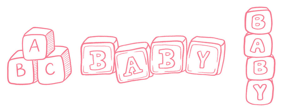 Hand drawn newborn baby building blocks spelling abc and baby vector illustration collection set pencil crayon texture for pink girl gender reveal announcement baby shower invitation transparent png