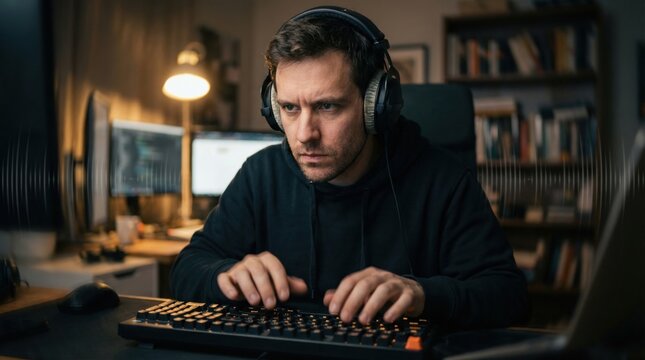 A man wearing headphones types intensely on a keyboard in a dimly lit room. He is deeply focused on his work or gaming. Perfect for technology, remote work, or software development themes.