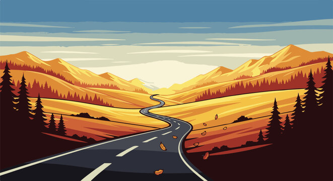 Pixel art autumn road winding through golden hills and pine trees