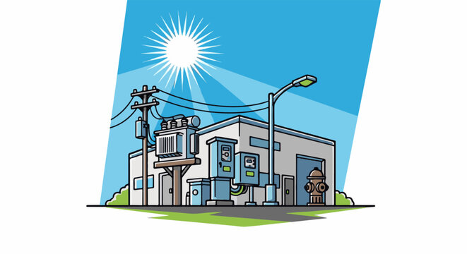A sun shines on a building with electrical equipment and a fire hydrant