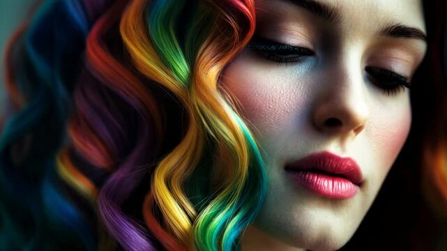 Close-up profile of a beautiful woman with long, shiny, and curly dyed hair in rainbow colors