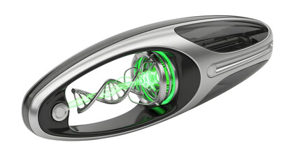 Naklejka premium A futuristic smartwatch with a green dna helix on a transparent background
