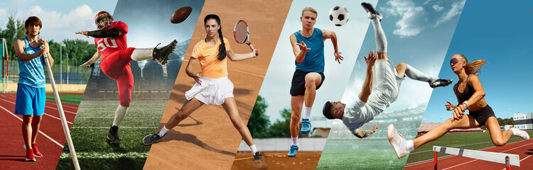 Athletes captured in dynamic movement on outdoor courts and stadiums composition. Concept of summer sports, training versatility, coordination strength, performance and active lifestyle. Banner © Lustre Art Group 