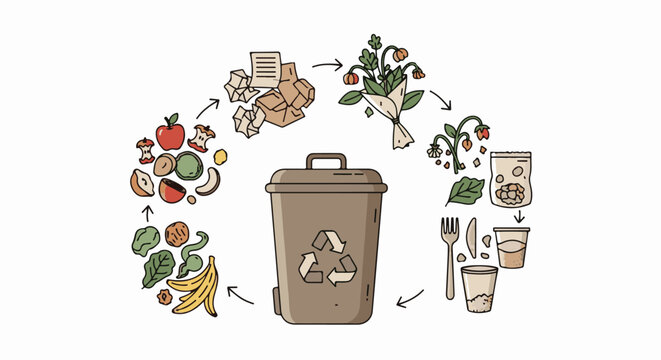 Illustrated cycle of waste decomposition around a recycling bin