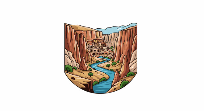 Cliffside village nestled in a canyon beside a winding river