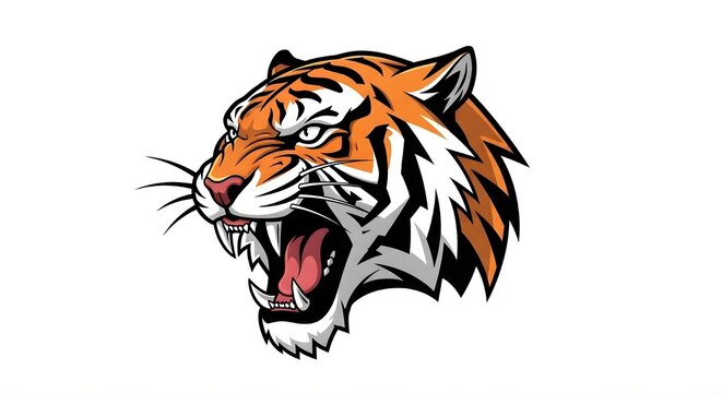 Roaring tiger head mascot vector illustration, powerful wild cat with open mouth showing fangs, aggressive tiger face isolated on white background