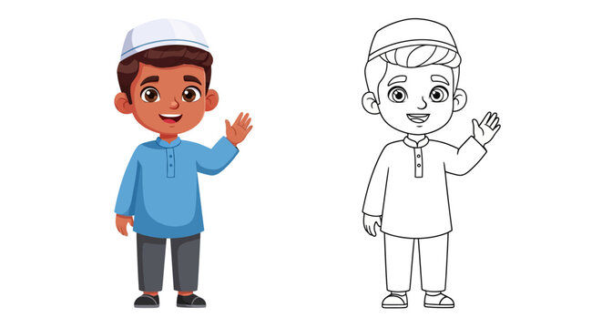 Cute Muslim Boy Waving Cartoon Character and Line Art Coloring Page for Kids