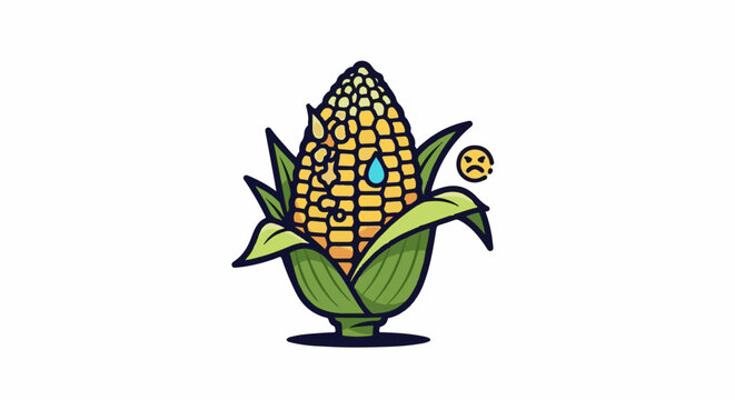 Sad, sweaty corn cob with a tear and a frowning face