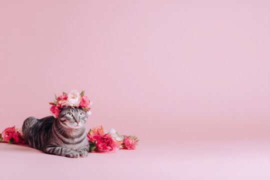 Wallpaper with cat wearing a spring flowers