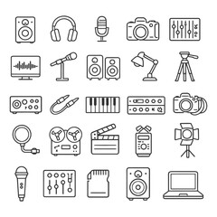 Fototapeta premium Collection of music and photography equipment icons in line art style.
