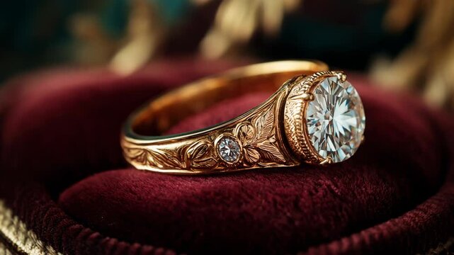 Exquisite handcrafted gold ring with a brilliant diamond in a luxury red velvet box