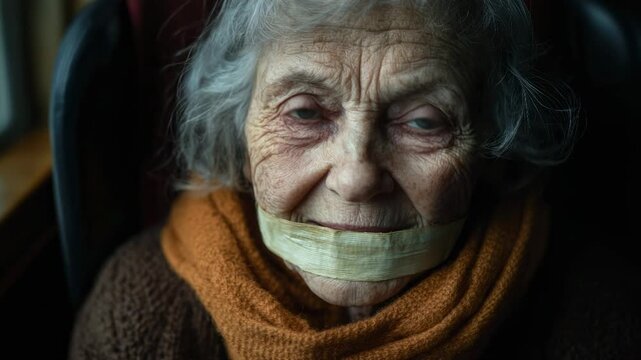 Helpless senior woman with a gag over her mouth looking at the camera, a victim of abuse