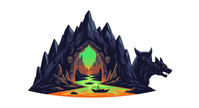 Dark jagged mountains with glowing river and three-headed dog guard