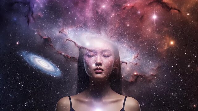 A serene young Asian woman meditates with closed eyes, her mind a vibrant cosmic nebula of swirling galaxies and twinkling stars, symbolizing inner peace and universal connection.
