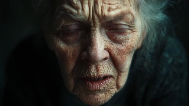 Extreme close up of an elderly angry woman screaming and looking at the camera in a dark room