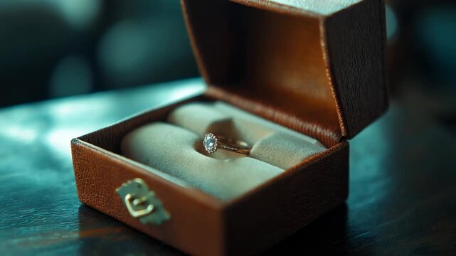 Beautiful diamond engagement ring sparkling in an open brown leather box on a wooden table