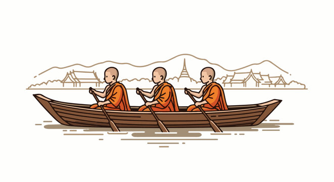 Three monks in saffron robes paddle a long boat across water, with distant temples