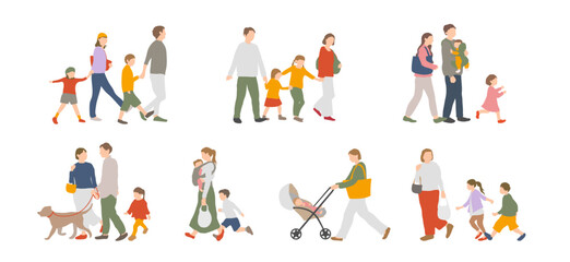 Naklejka na ściany i meble 家族でお出かけする親子の人物イラストセット（外出・散歩・育児シーン）