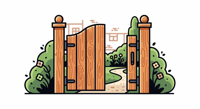 Wooden garden gate open revealing a winding path through lush greenery