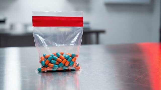 A transparent plastic bag filled with orange and teal capsules on a metal surface, symbolizing drug abuse, illicit substances, or medical investigation.