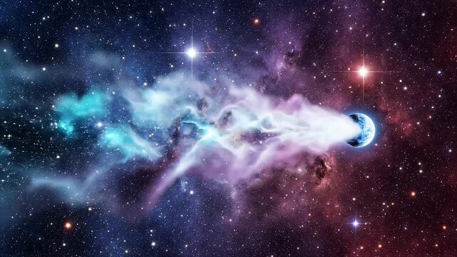Cinematic deep space visualization featuring a glowing planet emitting ethereal nebula gas clouds into the vast cosmic void with vibrant purple and