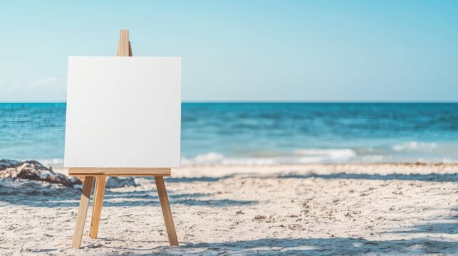 Blank canvas on a wooden easel by a tranquil beach, inviting artistic inspiration and creativity.