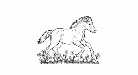 Fototapeta premium A horse with a flowing mane and tail gallops through a field of daisies