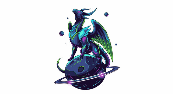 Pixelated dragon perches on a ringed planet amidst floating spheres