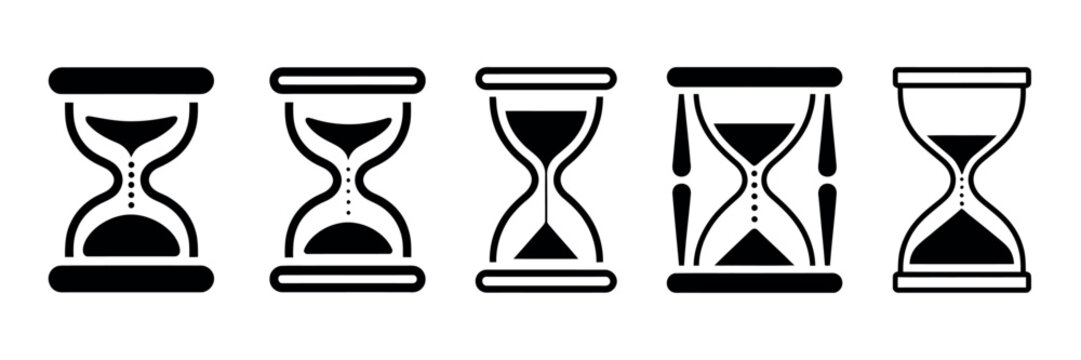 Hourglass icon set featuring sand clocks with varying frames and sand levels, multiple hourglass shapes illustrating time passage, vector illustration