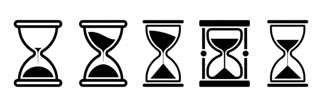 Hourglass icon set featuring sand clocks with varying frames and sand levels, multiple hourglass shapes illustrating time passage, vector illustration