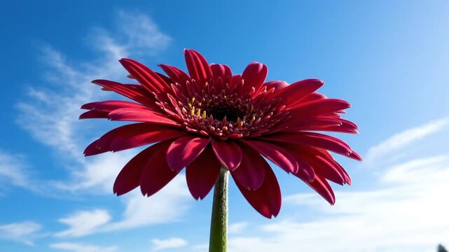 Low angle shot of a vibrant red gerbera daisy blooming against a bright blue sky with wispy clouds