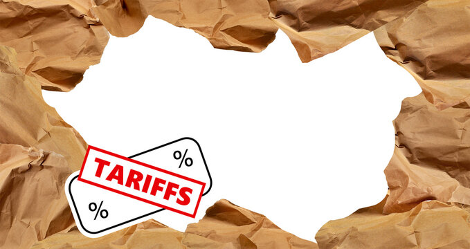 Tariffs sign with paper border, isolated. Abstract brown crumpled paper, open window with 'Tariffs' sticker, label. Business, taxes, international markets concept. PNG