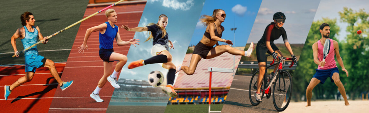 Composition of multiple athletes in motion across outdoor locations. Concept of summer sports diversity, training coordination, endurance, performance and active lifestyle. Banner
