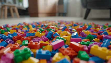 Obraz premium リビングの床に広がるビビッドなレゴブロック散乱の硬質なカオス