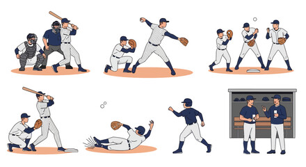 Fototapeta premium Baseball Game Action: Pitcher, Catcher, Batter, Sliding Runner, Dugout Scene