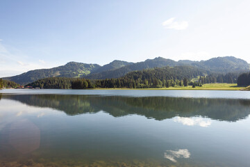 Fototapeta premium Lake Spitzingsee, Brecherspitze mountain, Bavaria, Germany in summertime