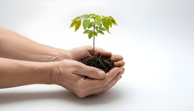 Close up of human hands holding a young green sapling with soil isolated on white background, environmental conservation and growth concept