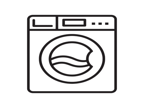 A simple line drawing of a washing machine with a circular door and control panel