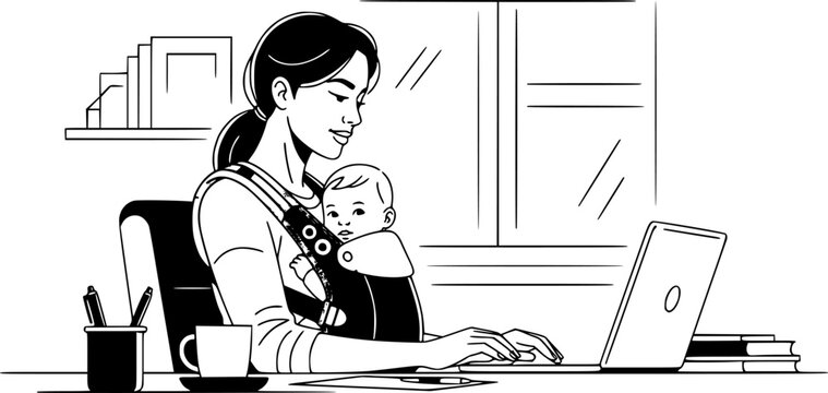 Working mother multitasking with laptop and baby carrier home office concept vector illustration black and white
