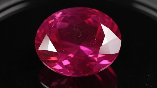 Mesmerizing close up of a flawless, faceted red ruby gemstone reflecting light on a dark surface