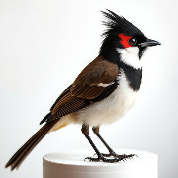 Red-whiskered bulbul bird with black crest and red ear patches. Small perching bird stands on white surface against plain background. Avian creature has brown wings white breast.